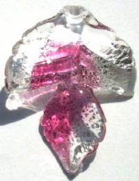 1 35x25mm Two Tone Pink/Crystal with Silver Foil Lampwork Twisted Leaf Pendant